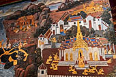 Detail of 'Ramakien' mural painting  - temple of the Emerald Buddha, Bangkok . Architectural elements in the panels are adapted from the real palaces and temples of the capital. 